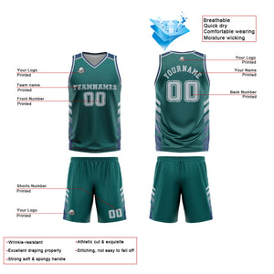 Uniforme de baloncesto personalizado verde y azul con tu logotipo-nombre y número impresos