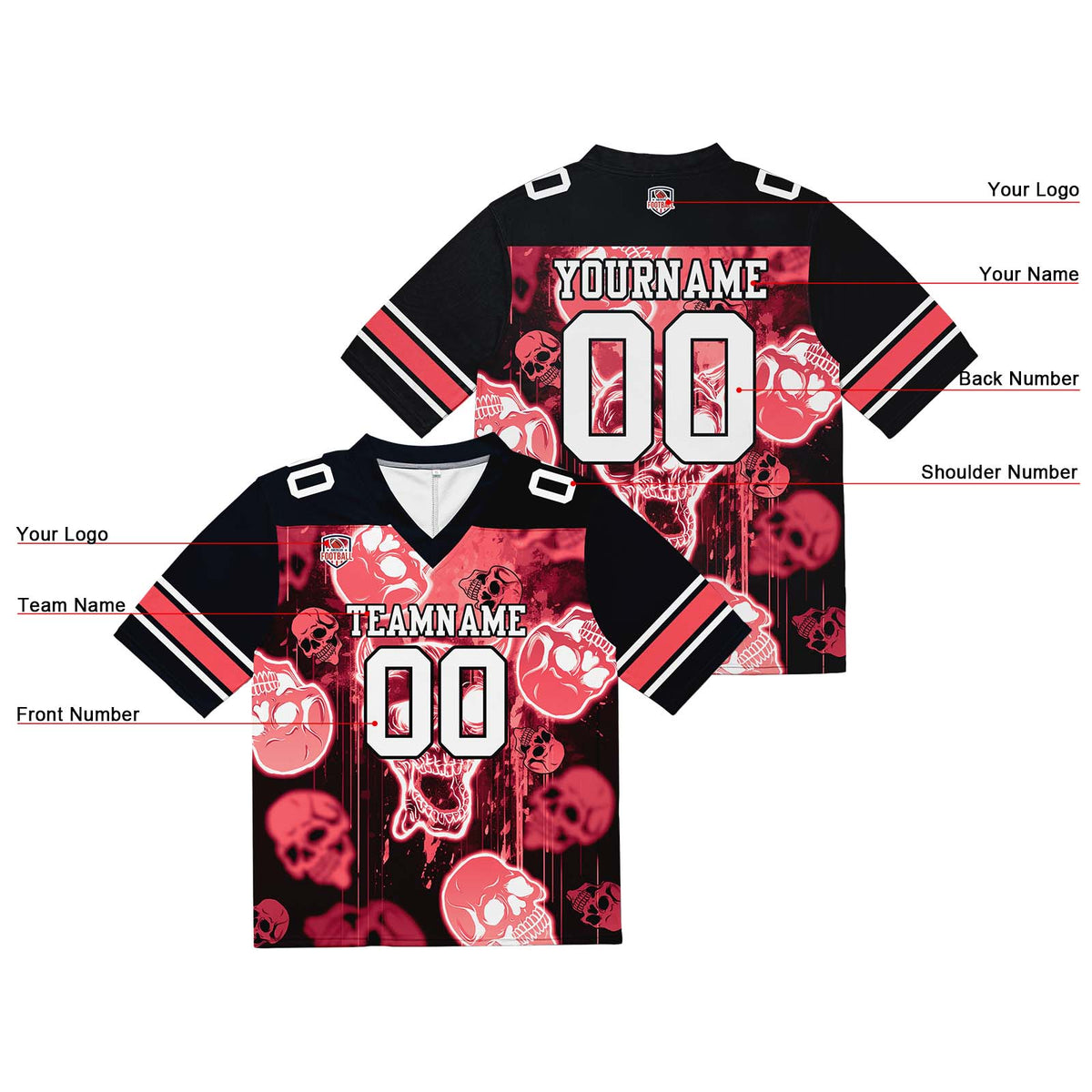 Camiseta de fútbol personalizada con nombre y número del equipo bordados y estampados-estilo grafiti con calavera -Rojo claro