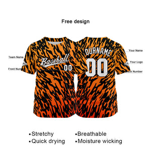 Camiseta de béisbol con dise?o personalizado estampado completo color naranja y negro