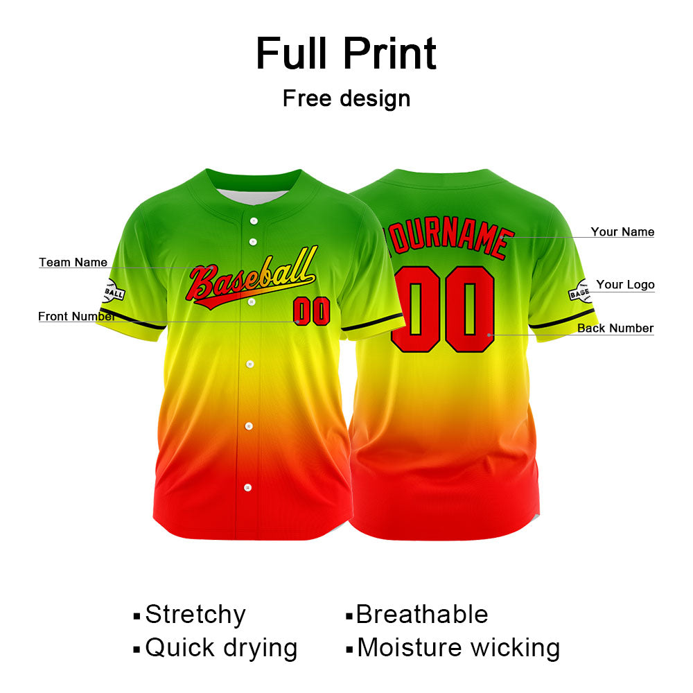Dise?o personalizado de camiseta de béisbol con estampado completo en naranja amarillo y verde