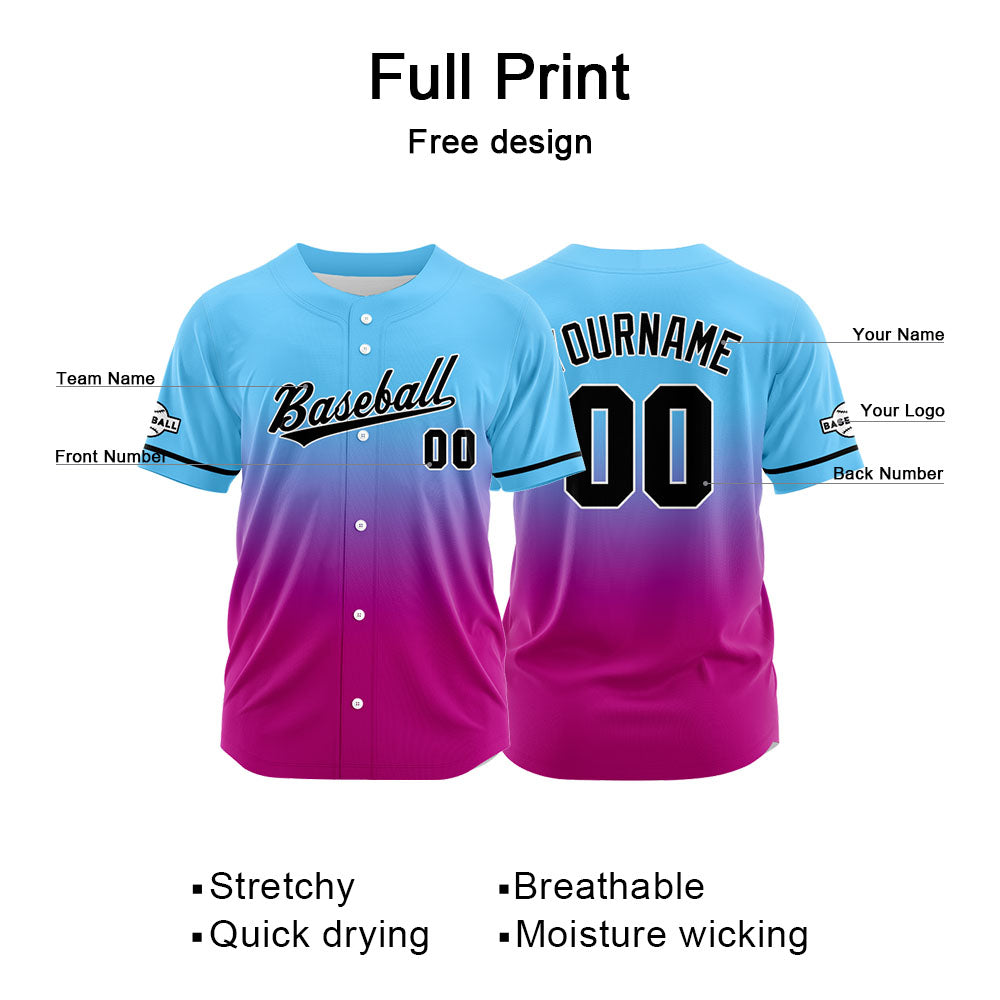 Dise?o personalizado de camiseta de béisbol con estampado completo en azul claro y rosa púrpura