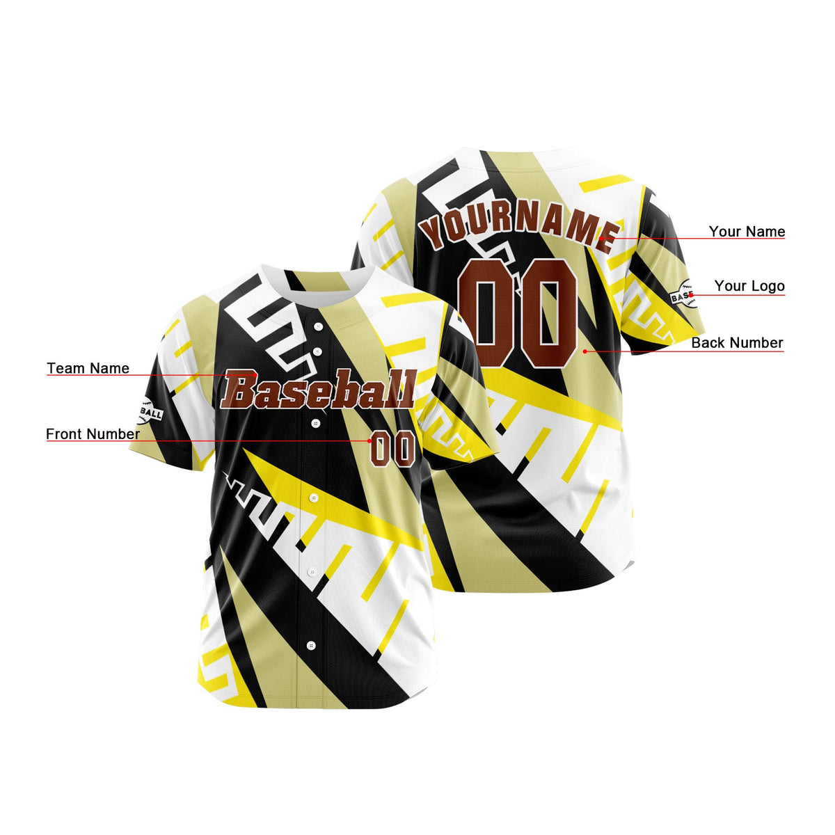 Camiseta de béisbol amarilla personalizada con botones para hombre mujer adulto y joven Estampado de nombre número y logotipo
