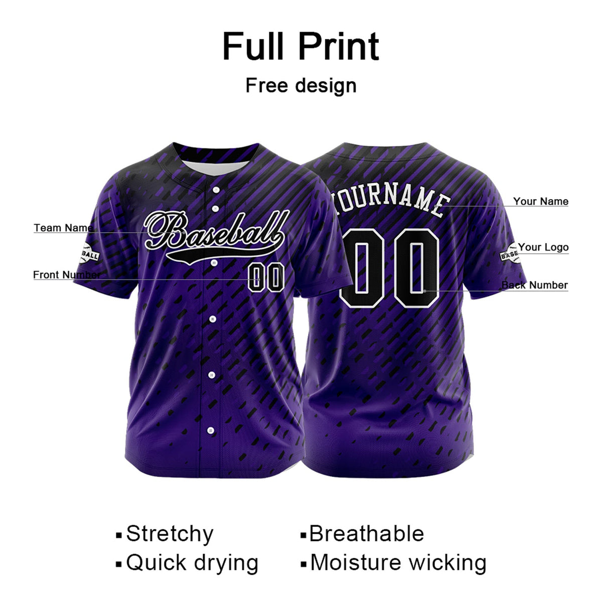 Camiseta de béisbol morada personalizada con botones para hombre mujer adulto y joven Estampado de nombre número y logotipo