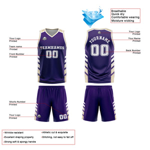 Uniforme de baloncesto personalizado morado y blanco con tu logotipo-nombre y número impresos