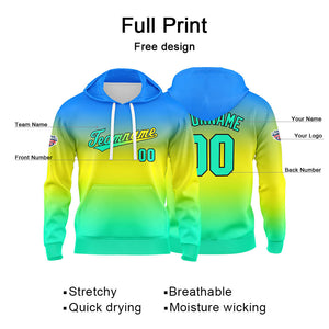 Sudadera con capucha personalizada con degradado para hombre-mujer-niña o niño Estampa tu logotipo-nombre o número en azul-amarillo y verde