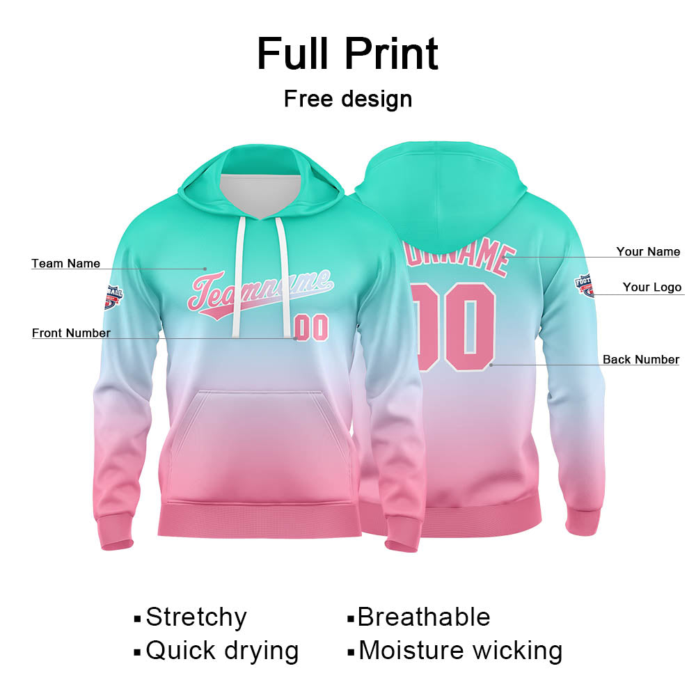 Sudadera con capucha personalizada con degradado para hombre-mujer-niña o niño Estampa tu logotipo-nombre o número en verde y rosa pálido
