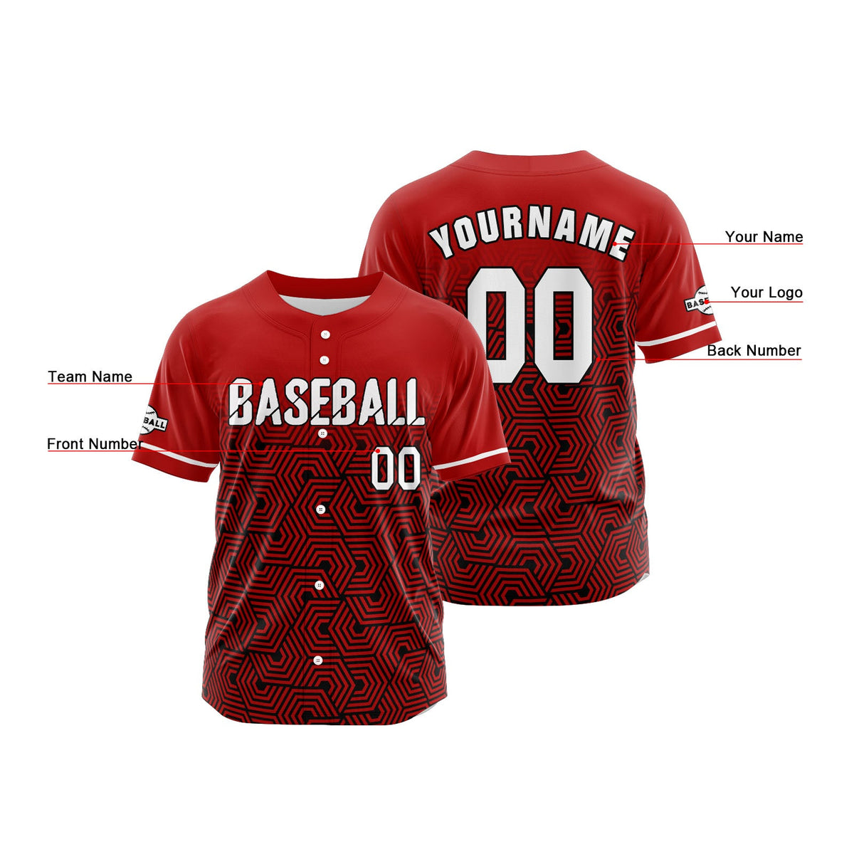 Camiseta de béisbol roja personalizada con botones para hombre mujer adulto y joven Estampado de nombre número y logotipo