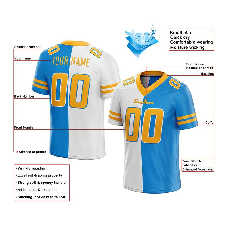 custom authentic split fashion football jersey yellow-white-light blue mesh