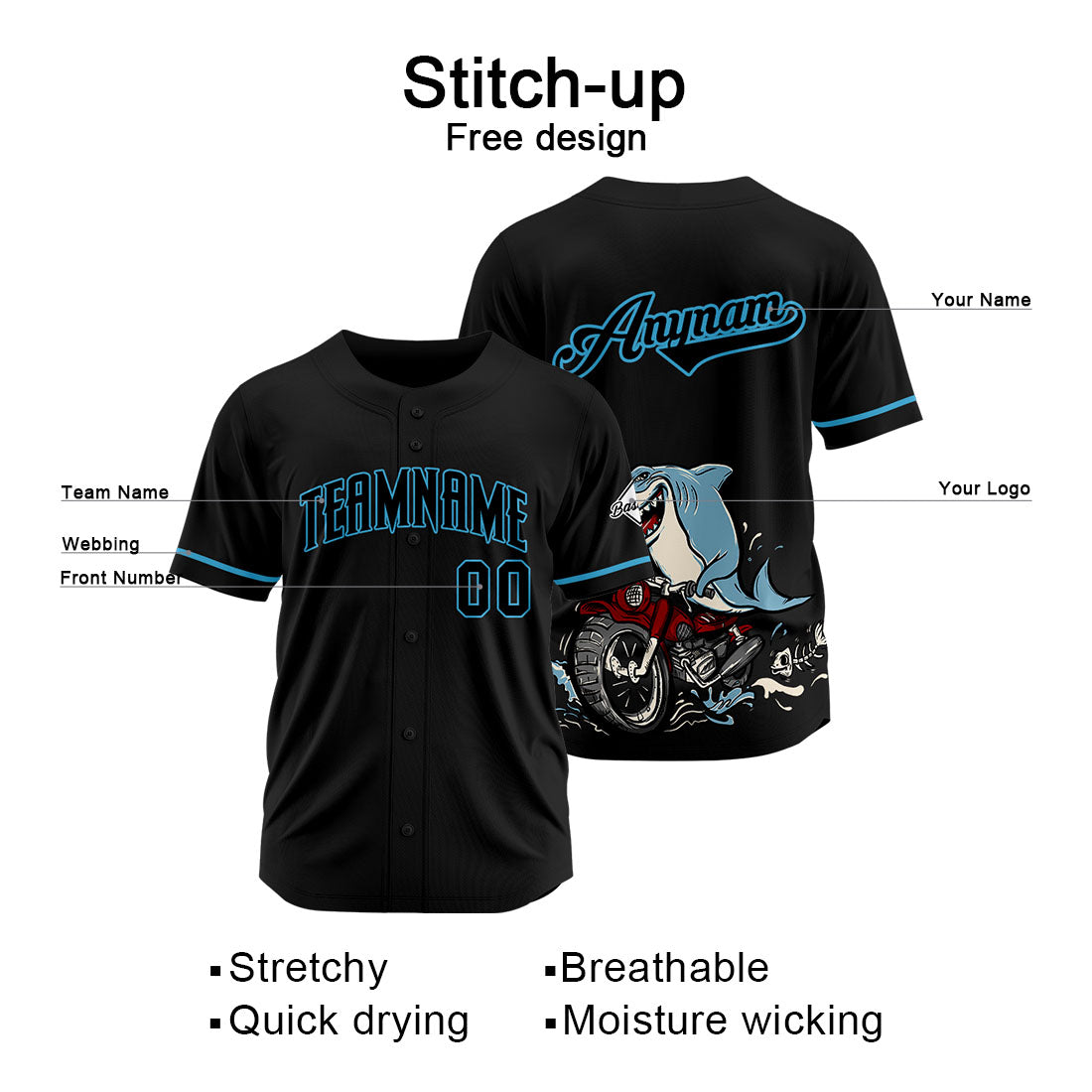 Uniformes de béisbol personalizados Motor Shark en color negro de alta calidad para adultos y niños & optimizados para el rendimiento