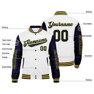 Chaquetas universitarias personalizadas azul marino & blancas y amarillas para hombres & mujeres y jóvenes & Chaquetas tipo Letterman personalizadas