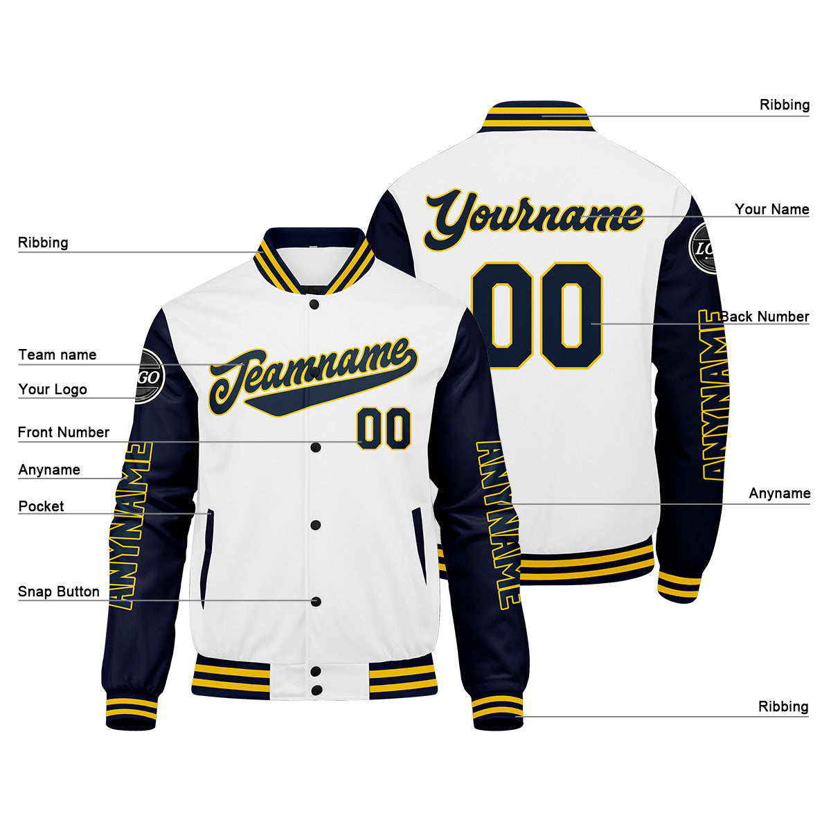 Chaquetas universitarias personalizadas azul marino & blancas y amarillas para hombres & mujeres y jóvenes & Chaquetas tipo Letterman personalizadas