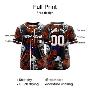 Camiseta de béisbol personalizada para hombres mujeres ni?os y jóvenes con bordados y estampado de calavera rosa y naranja