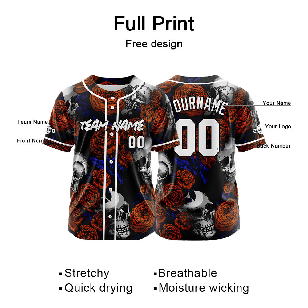 Camiseta de béisbol personalizada para hombres mujeres ni?os y jóvenes con bordados y estampado de calavera rosa y naranja