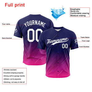 Dise?o personalizado de camiseta de béisbol con estampado completo en azul marino y rojo rosado