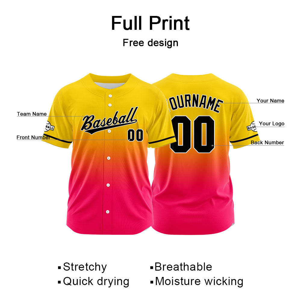 Dise?o personalizado de camiseta de béisbol con estampado completo en amarillo y rosa fucsia
