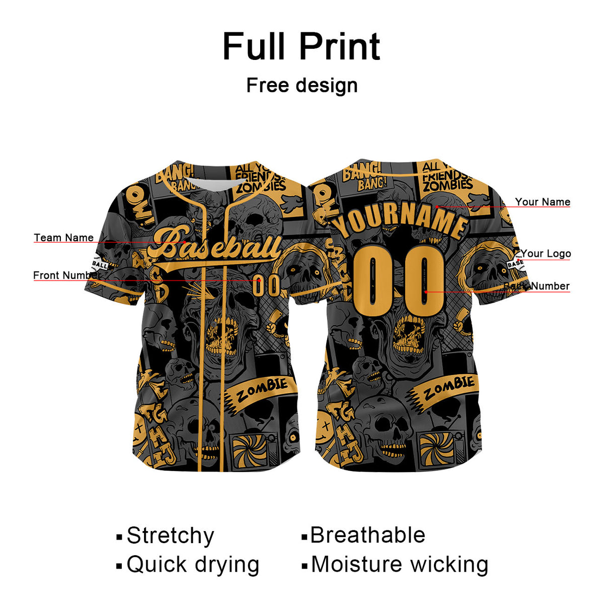 Camiseta de béisbol gris personalizada con nombre número y logotipo personalizados