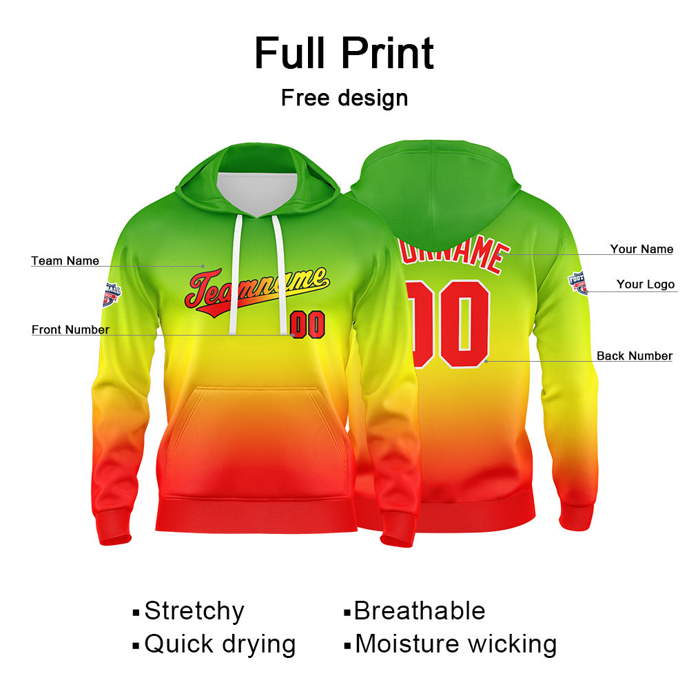 Sudadera con capucha personalizada con degradado para hombre-mujer-niña o niño Estampa tu logotipo-nombre o número en verde-amarillo o rojo
