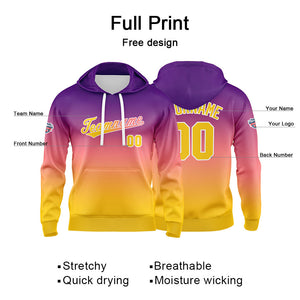 Sudadera con capucha personalizada con degradado para hombre-mujer-niña o niño Estampa tu logotipo-nombre o número en color morado y amarillo