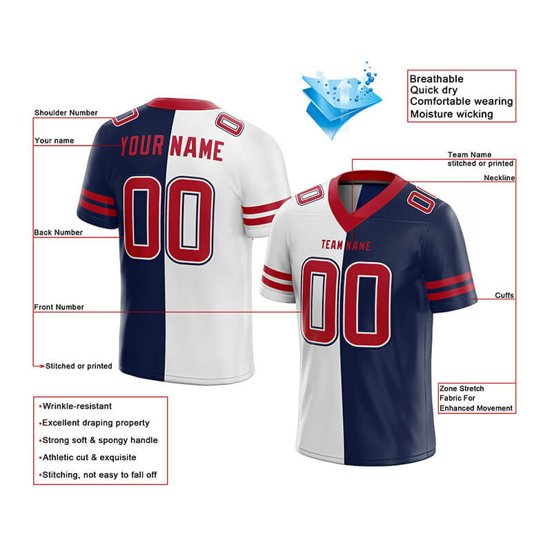 custom authentic split fashion football jersey navy-white-red mesh
