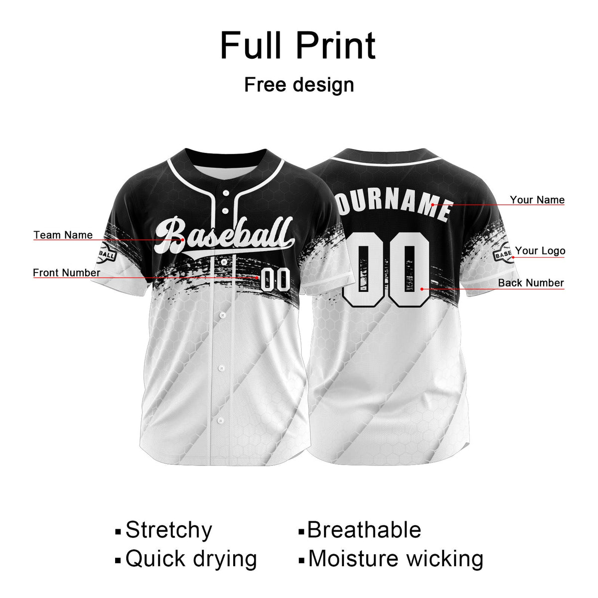 Camiseta de béisbol personalizada blanca y negra con botones para hombre mujer adulto y joven Estampado de nombre número y logotipo