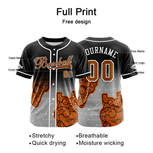 Camiseta de béisbol personalizada negra y naranja con botones para hombre mujer adulto y joven Estampado de nombre número y logotipo