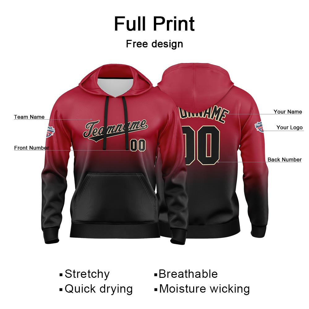 Sudadera con capucha personalizada con degradado para hombre-mujer-niña o niño Estampa tu logotipo-nombre o número en rojo y negro