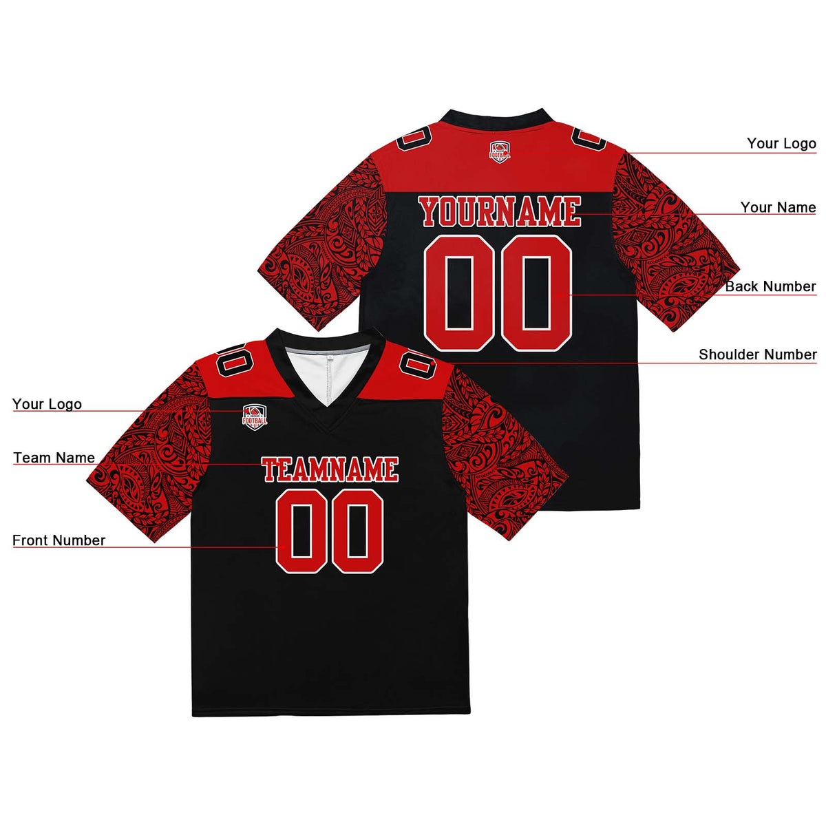Camiseta de fútbol personalizada con nombre y número del equipo impresos y bordados-color negro y rojo