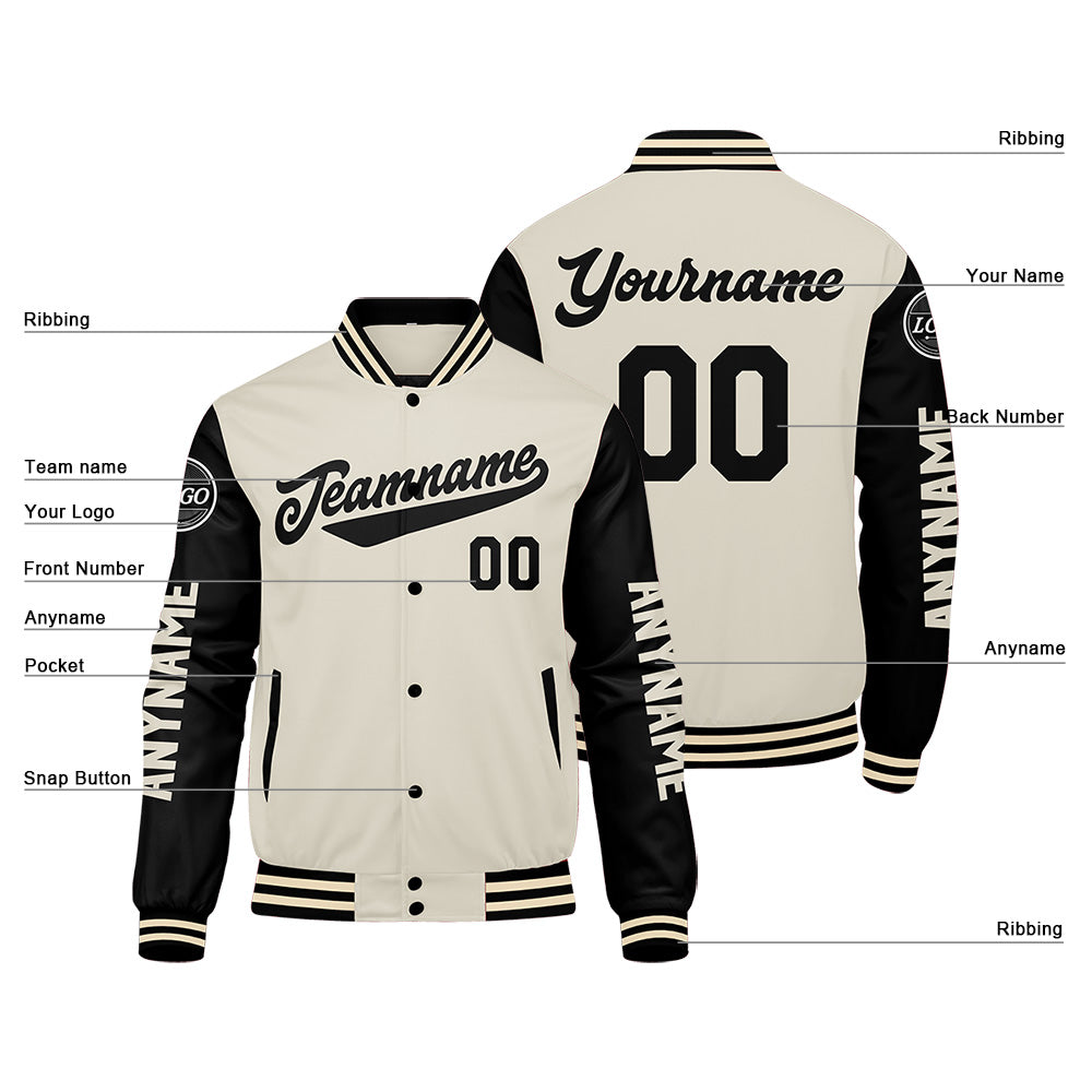 Chaquetas universitarias personalizadas en color negro y crema para hombres & mujeres y jóvenes & Chaquetas Letterman personalizadas