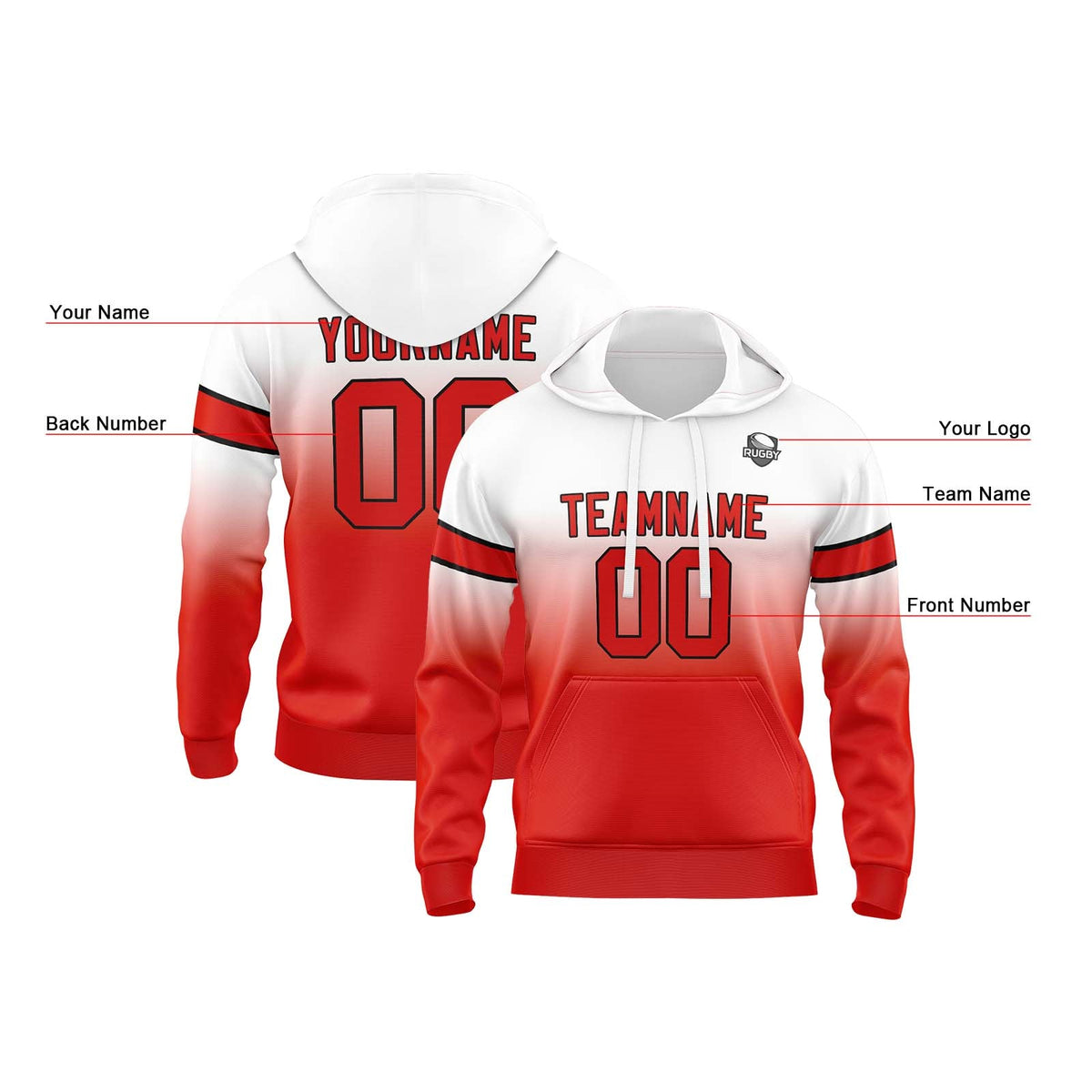 Sudadera con capucha degradada personalizada para hombre-mujer-niña o niño Estampa tu logotipo-nombre y número en blanco y rojo