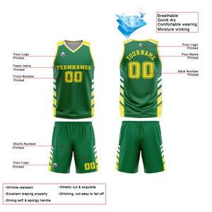 Uniforme de baloncesto personalizado verde y amarillo con tu logotipo-nombre y número impresos
