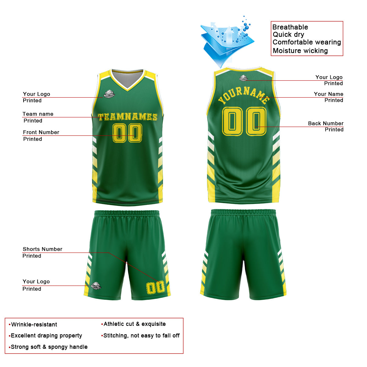 Uniforme de baloncesto personalizado verde y amarillo con tu logotipo-nombre y número impresos