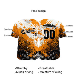 Camiseta de béisbol con dise?o personalizado estampado completo en naranja negro y blanco