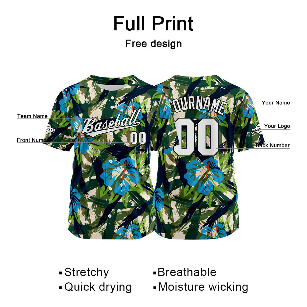 Camiseta de béisbol con dise?o personalizado estampado a todo color verde azul y negro