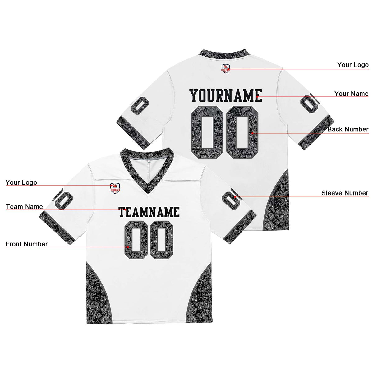 Camiseta de fútbol personalizada con nombre y número del equipo impresos y bordados-color blanco y negro