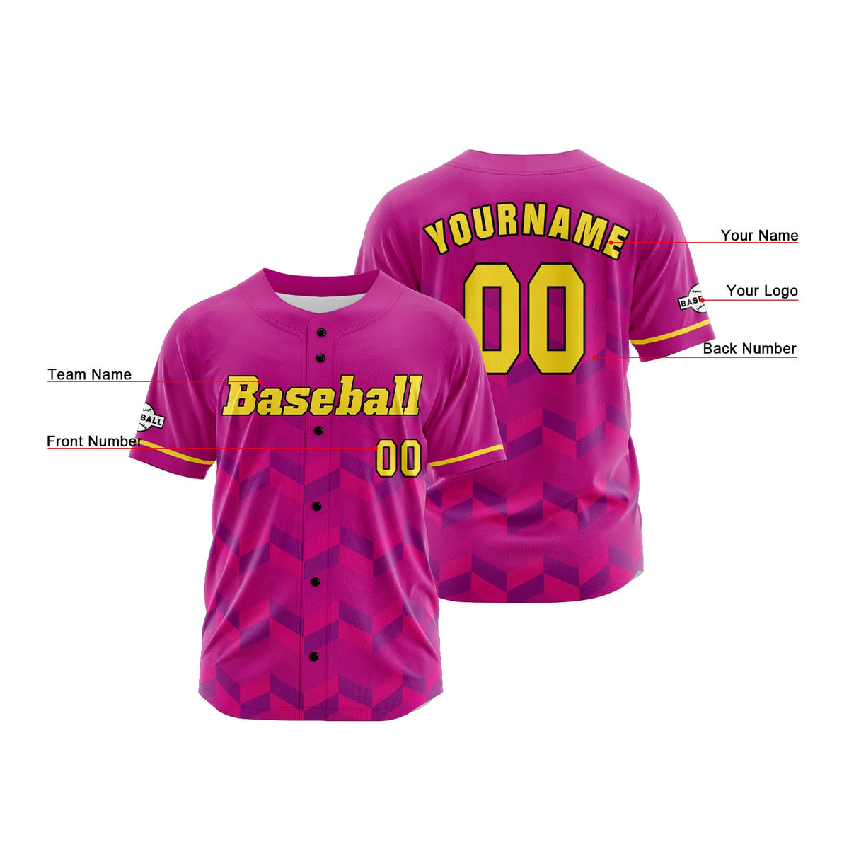 Camiseta de béisbol rosa personalizada con botones para hombre mujer adulto y joven Estampado de nombre número y logotipo