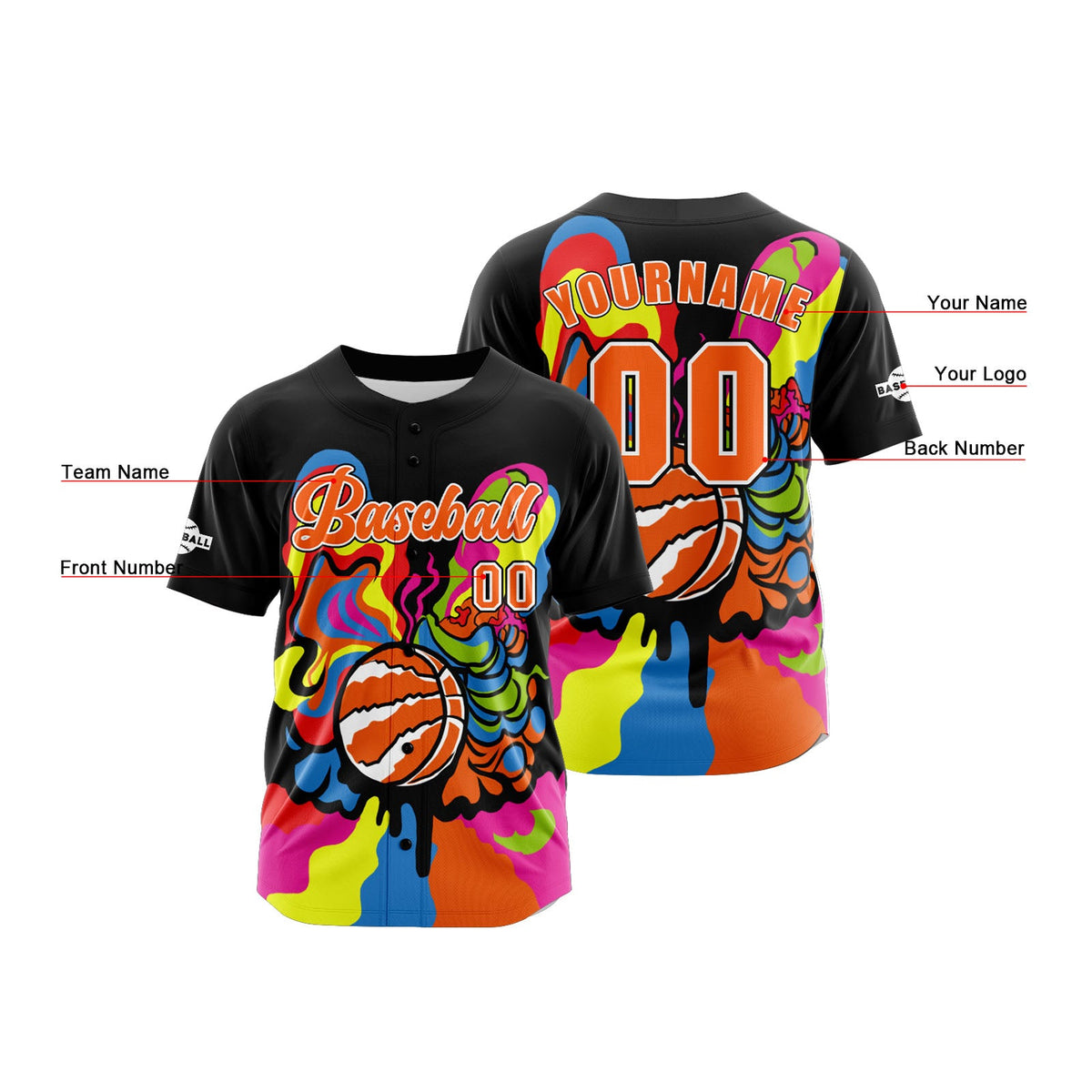 Camiseta de béisbol personalizada negra y naranja con botones para hombre mujer adulto y joven Estampado de nombre número y logotipo