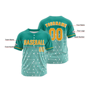 Camiseta de béisbol personalizada verde y amarilla con botones para hombre mujer adulto y joven Estampado de nombre número y logotipo