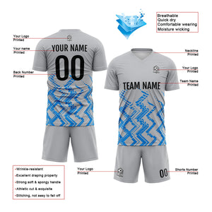 Conjunto personalizado de camiseta de uniforme gris y azul para niños y adultos
