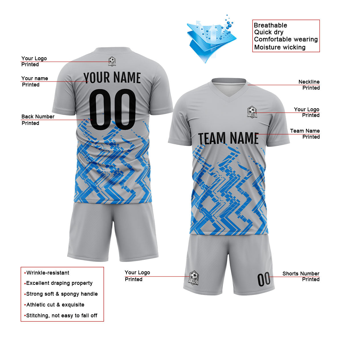 Conjunto personalizado de camiseta de uniforme gris y azul para niños y adultos