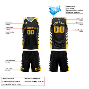 Uniforme de baloncesto personalizado negro y amarillo con tu logotipo-nombre y número impresos