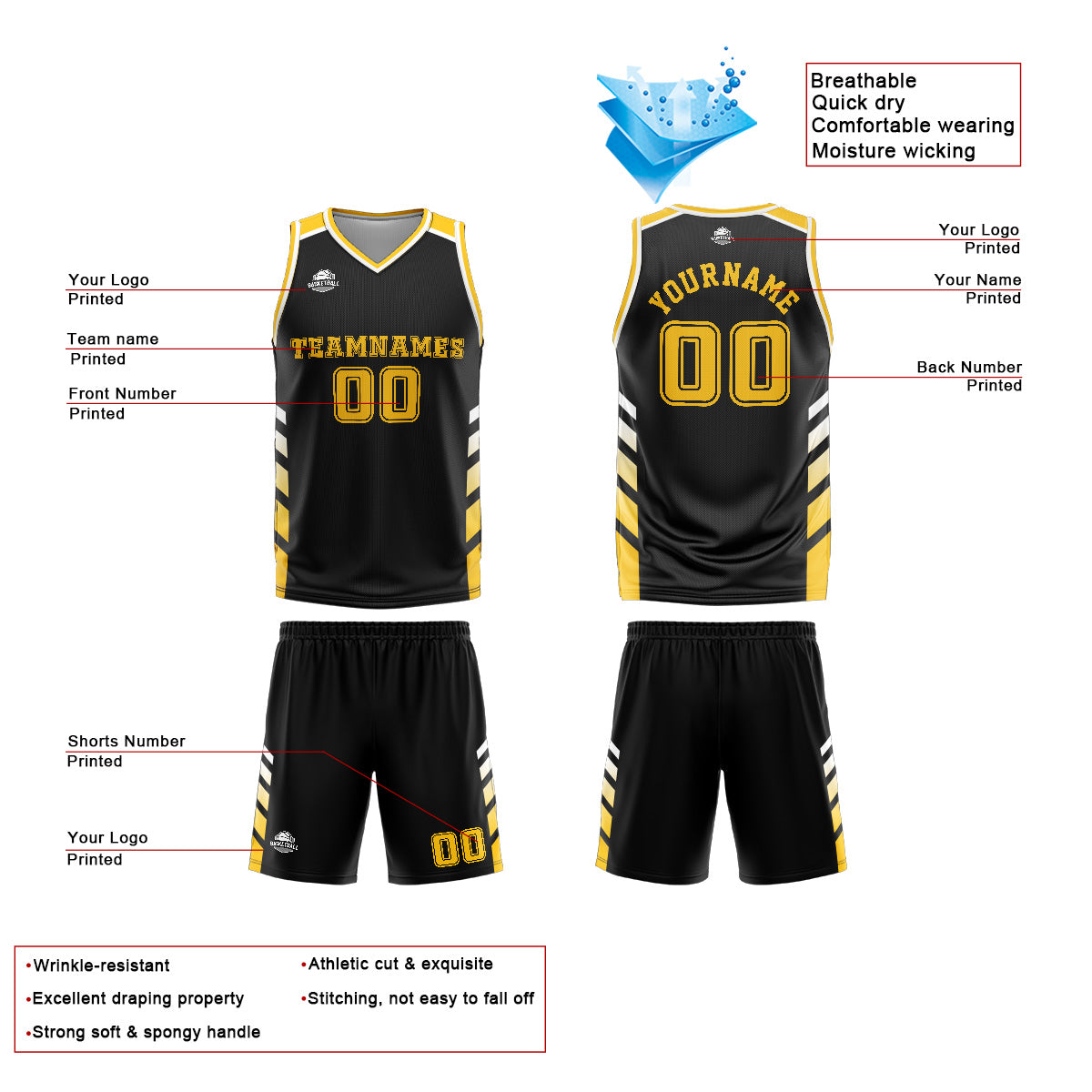 Uniforme de baloncesto personalizado negro y amarillo con tu logotipo-nombre y número impresos