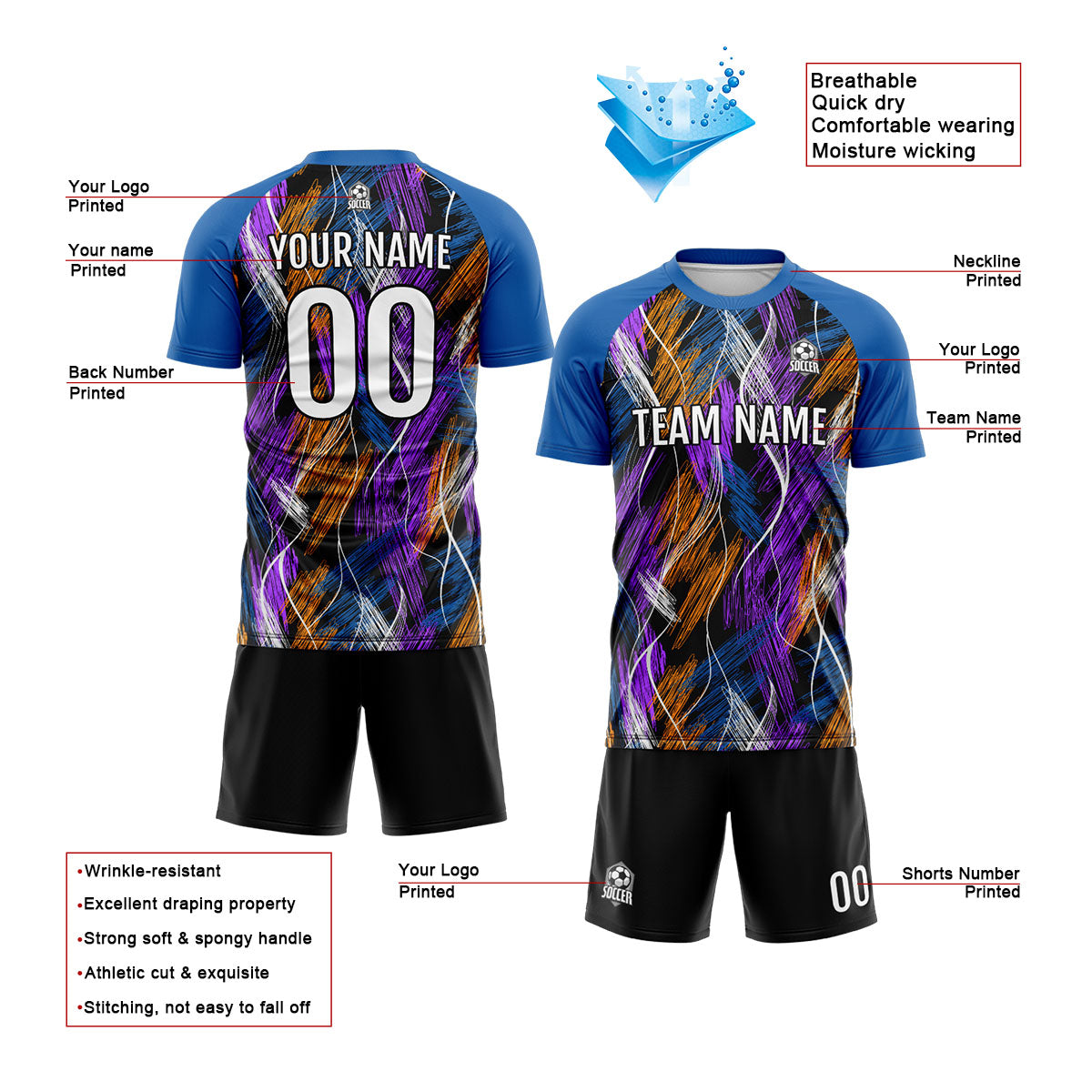 Conjunto personalizado de camiseta de uniforme negra y azul para niños y adultos
