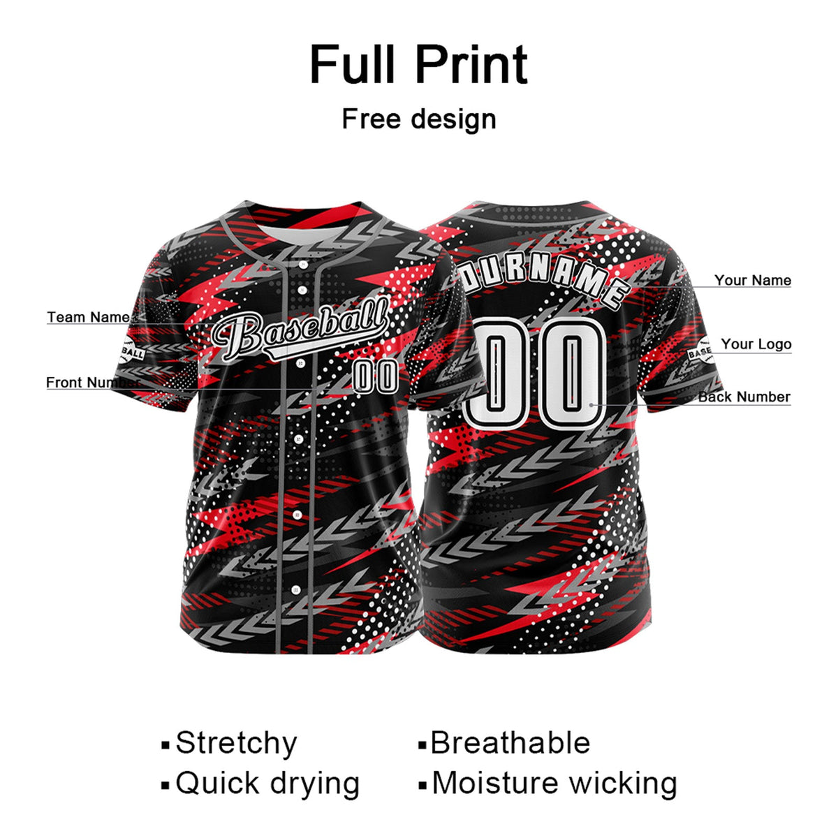 Camiseta de béisbol negra personalizada con botones para hombre mujer adulto y joven Nombre número y logotipo impresos