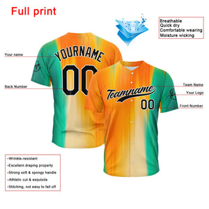 Dise?o personalizado de camiseta de béisbol con estampado completo en naranja y verde