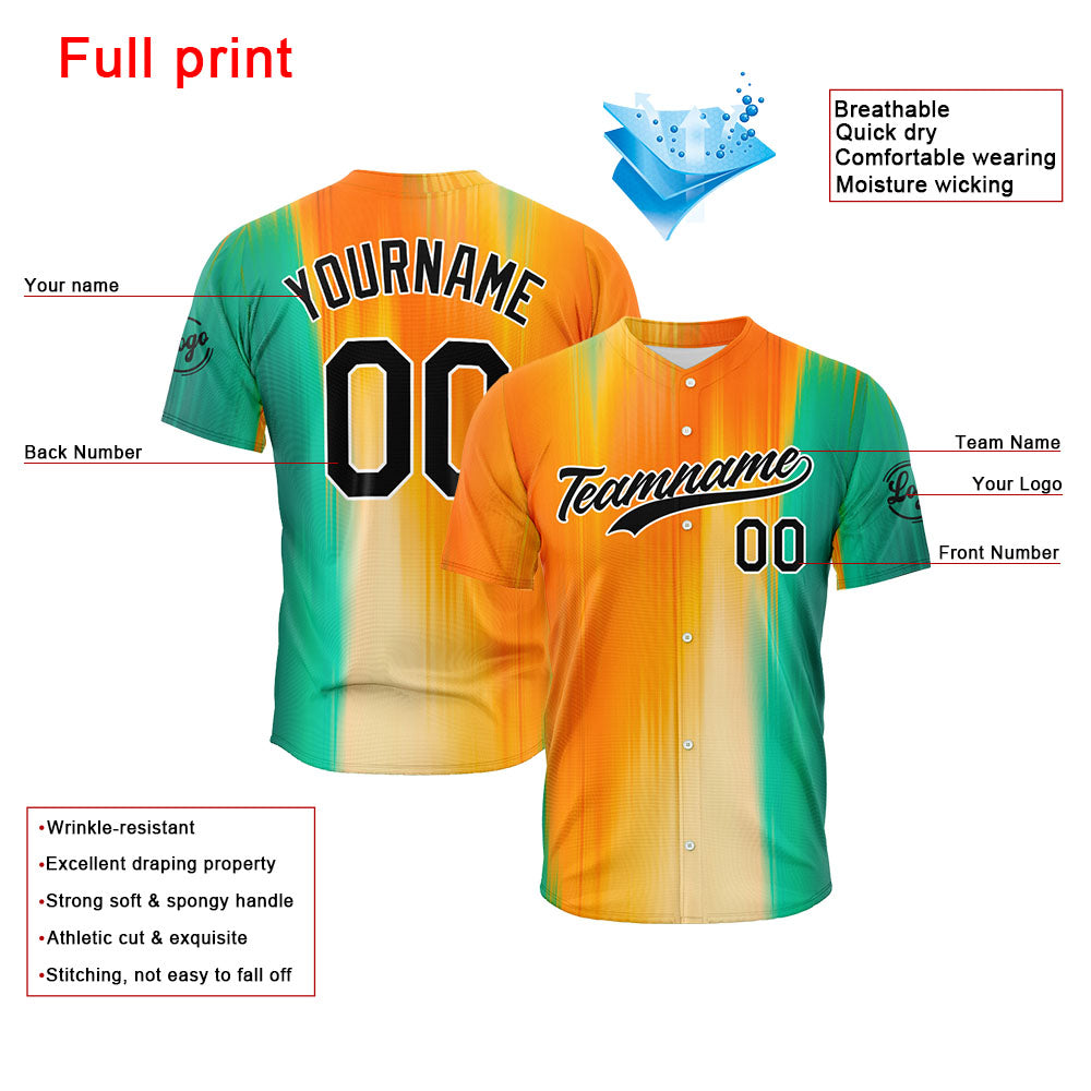 Dise?o personalizado de camiseta de béisbol con estampado completo en naranja y verde