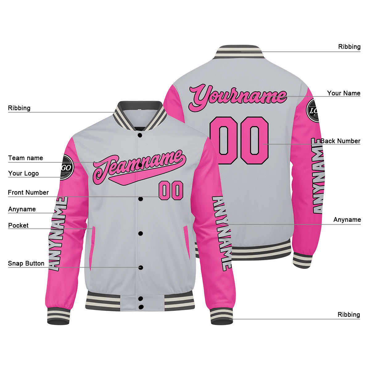 Chaquetas universitarias personalizadas en gris y rosa para hombres & mujeres y jóvenes & Chaquetas estilo Letterman personalizadas