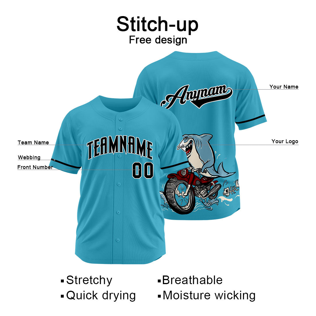Uniformes de béisbol personalizados Motor Shark - Azul claro de alta calidad para niños y adultos & optimizados para el rendimiento
