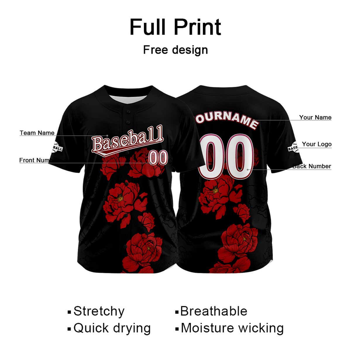 Camiseta de béisbol negra personalizada con nombre número y logotipo personalizados