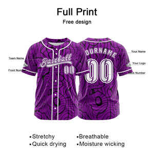 Camiseta de béisbol morada personalizada con botones para hombre mujer adulto y joven Estampado de nombre número y logotipo