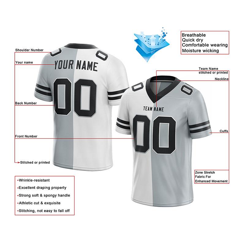 custom authentic split fashion football jersey gray-white-black mesh